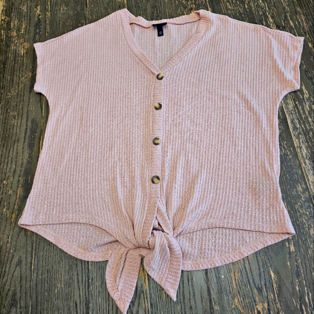 🌸Torrid Waffle Knit Blouse Pink Ties Up In The Front Size 00.